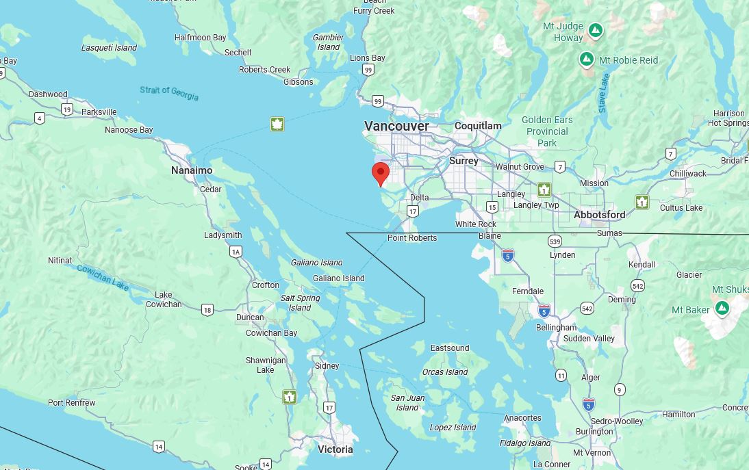Map showing Vancouver Whale Watch departure point in Steveston, the Strait of Georgia and the Gulf Islands